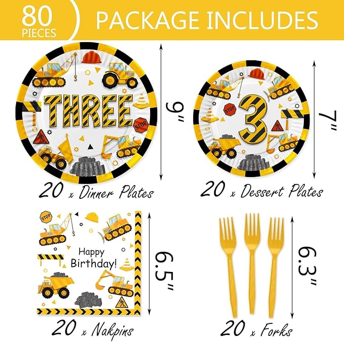 178 Pcs Construction 3rd Birthday Party Supplies Dump Truck Three