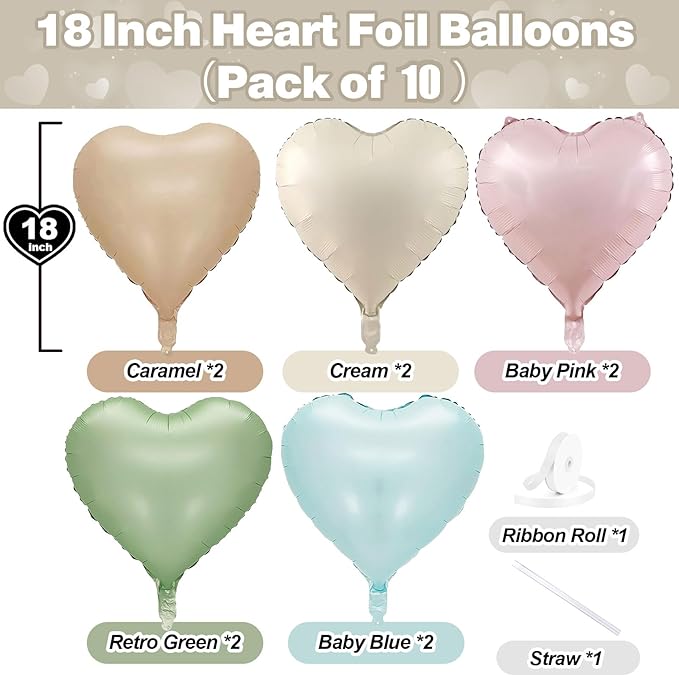 Pastel Colorful Heart Foil Balloons, 10PCS Assorted Rainbow Helium