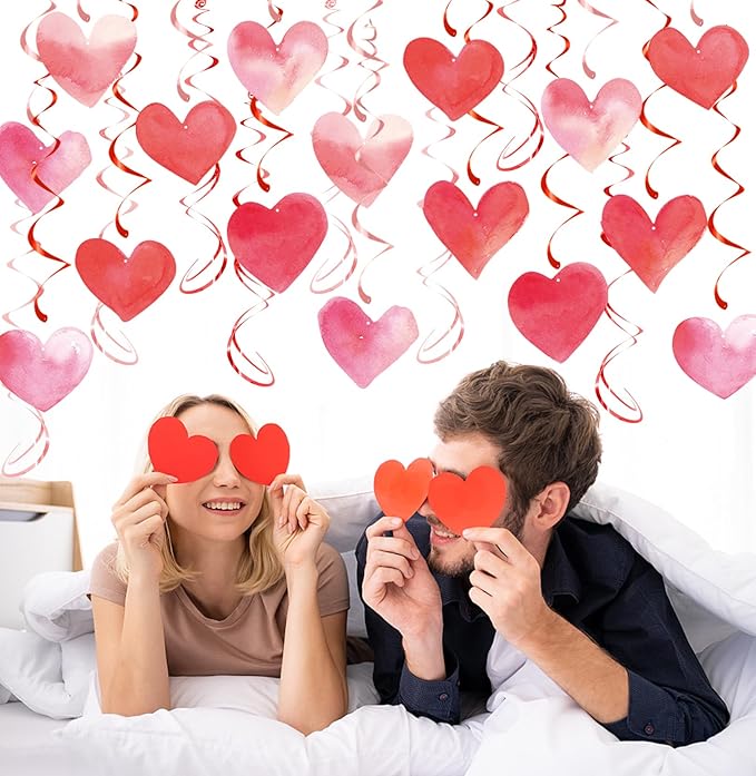 Red Pink Heart Hanging Swirl Decorations, Foil Ceiling Hanging Whirls