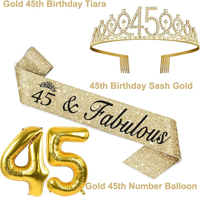 45th Birthday Decorations for Women Gold with 45th Birthday Sash and