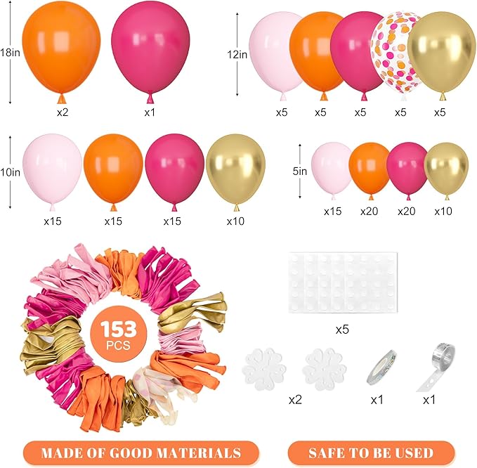 Amandir 153Pcs Pink and Orange Balloon Arch Kit, Different Sizes 18