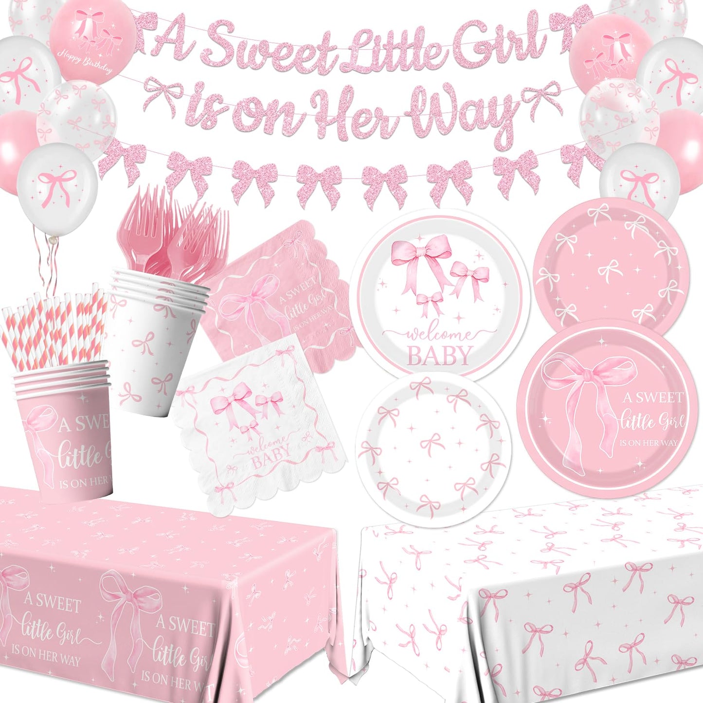 Pink Bow Baby Shower Decorations for Girl - Bow Party Tableware