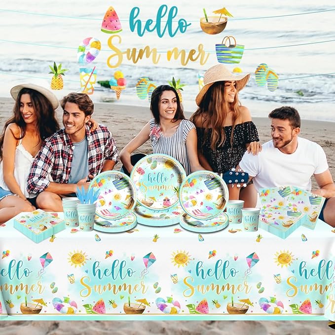 Hello Summer Party Decorations 143Pcs Beach Pool Party Paper Plates