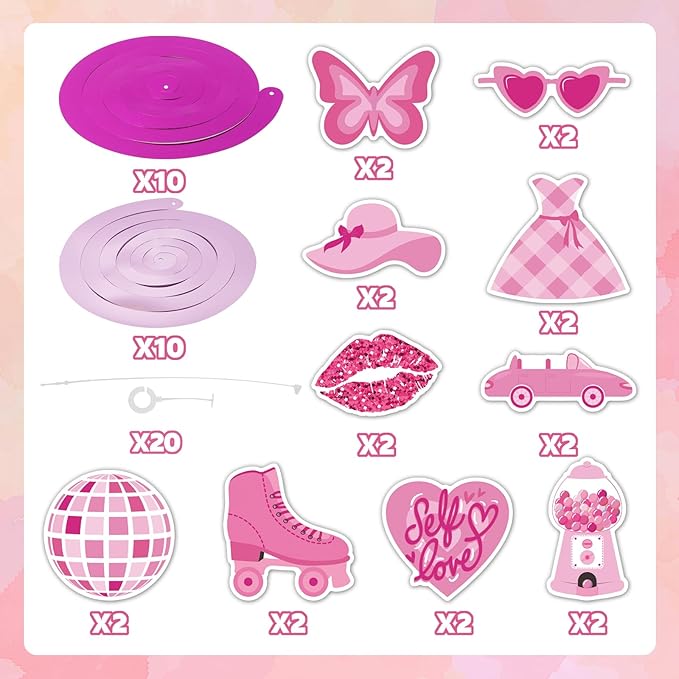 SOLDAY 20Pcs Pink Birthday Hanging Decorations Pink Girls Party Foil