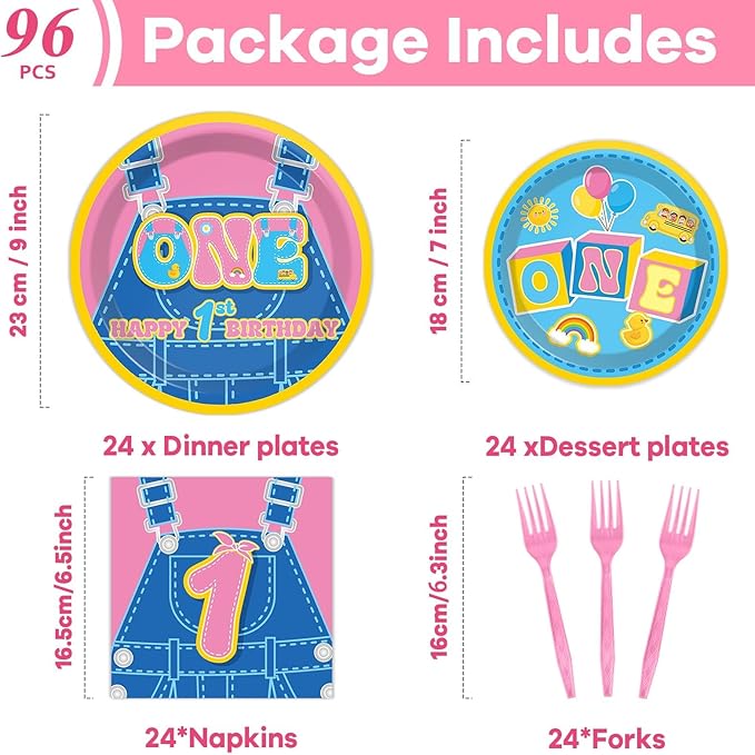 96Pcs Cartoon Girls 1st Birthday Plates and Napkins English Teacher