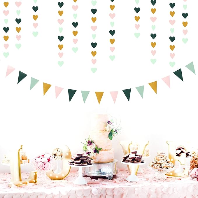 Sage-Green Mint Pink-Gold Love-Heart Garland - 52Ft Rustic Wedding