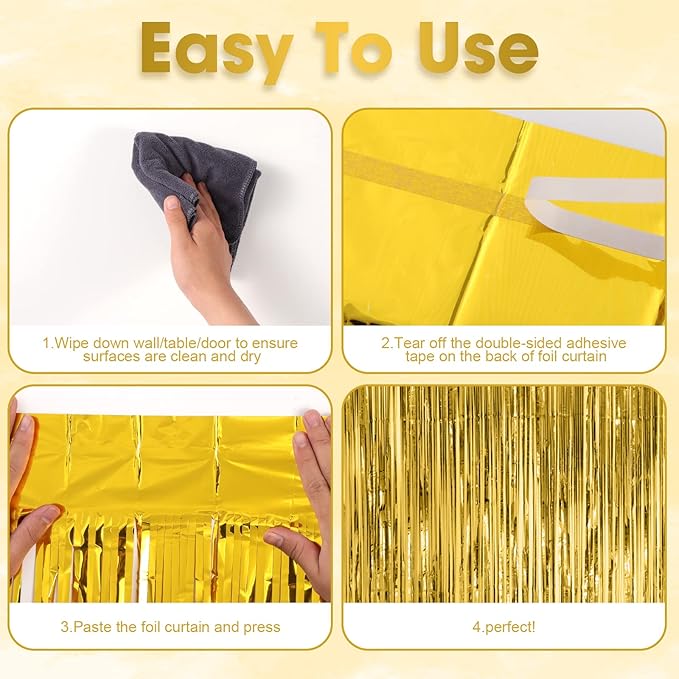 Voircoloria 4 Pack Gold Foil Fringe Backdrop Curtains, Tinsel