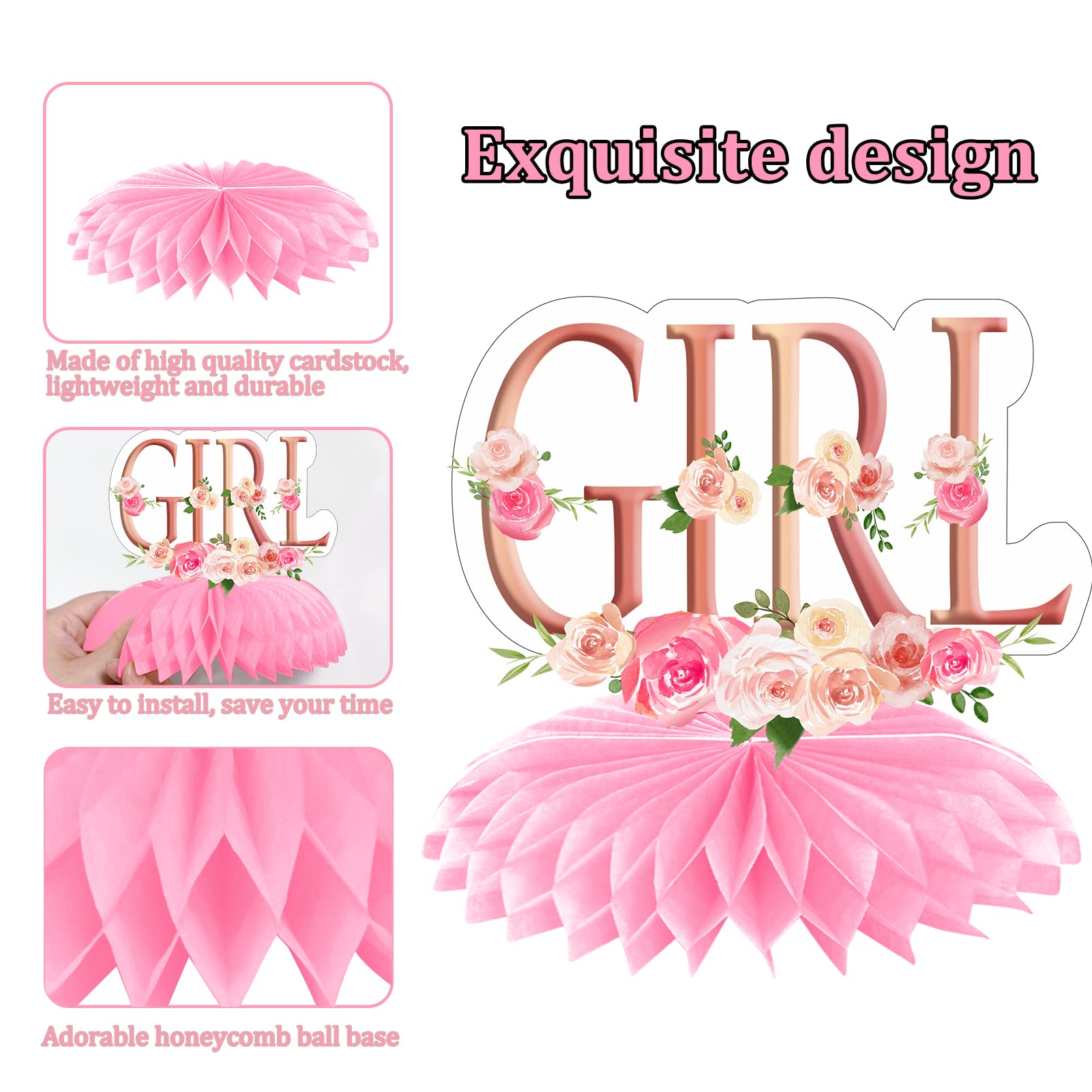 Aodocuto 12Pcs Pink Rose Gold Baby Shower Decorations Honeycomb