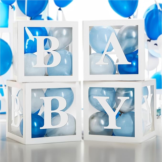 Baby Shower Boxes with Letters – White Boxes with Blue, Silver &
