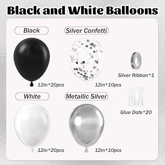 60pcs Black and Silver Balloons 12inch, Black and White Balloons with