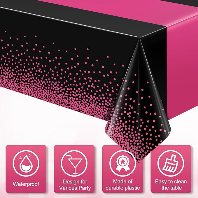 6Pcs Black Hot Pink Tablecloth Party Decorations,Plastic Black Table