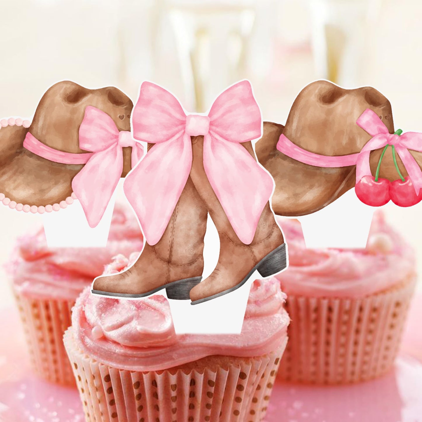 Cowgirl Boots and Hat Pink Bow Cupcake Toppers Coquette Cowgirl Cake