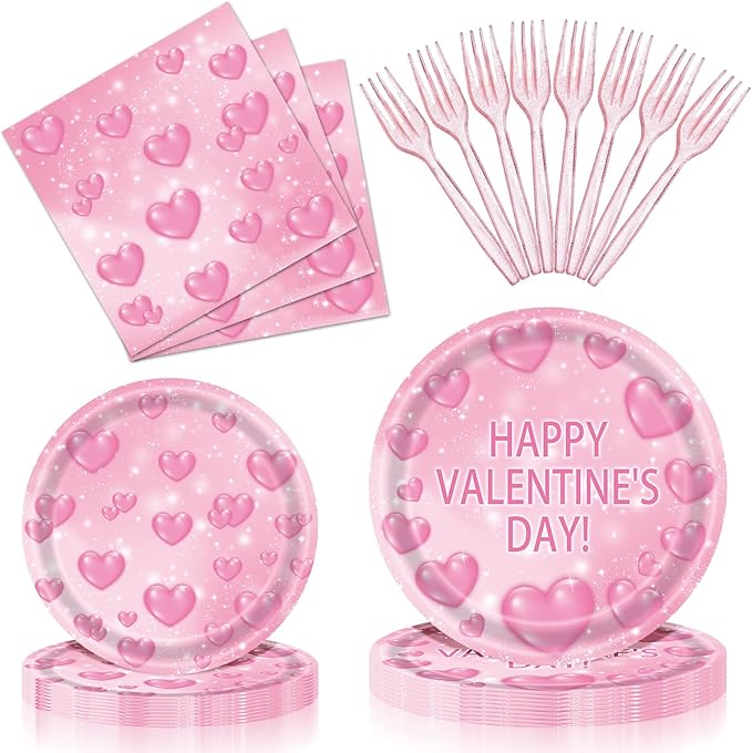 96 Pieces Valentine's Day Tableware Set Pink Heart Disposable Plates