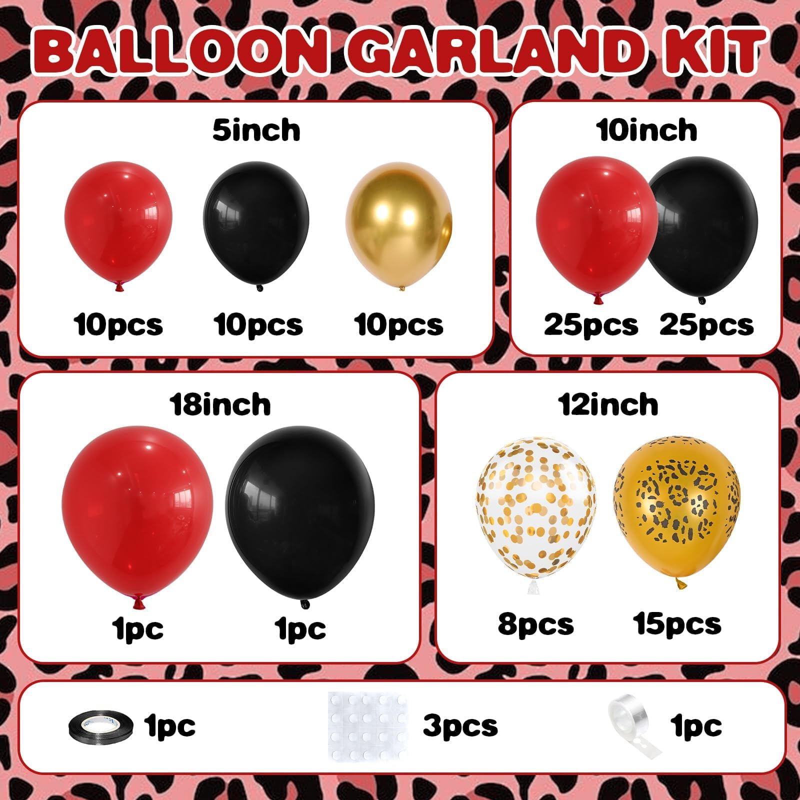 Red and Black Cheetah Print Balloons Arch Kit, Black Red Balloons