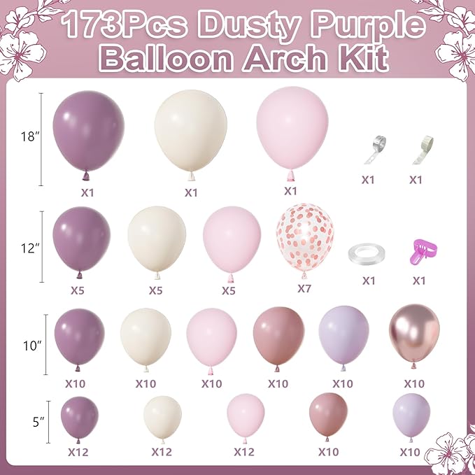 Amandir 173Pcs Dusty Purple Balloon Arch Garland Kit, Double-stuffed
