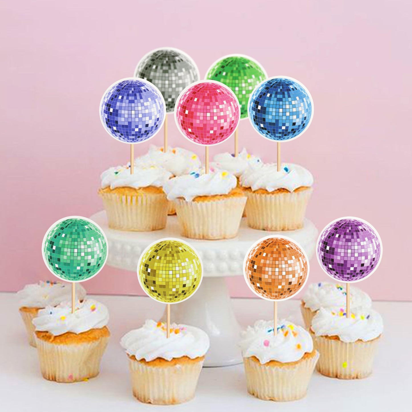 Cyodoos 30Pcs Disco Ball Party Cupcake Toppers 70s 80s Disco Birthday