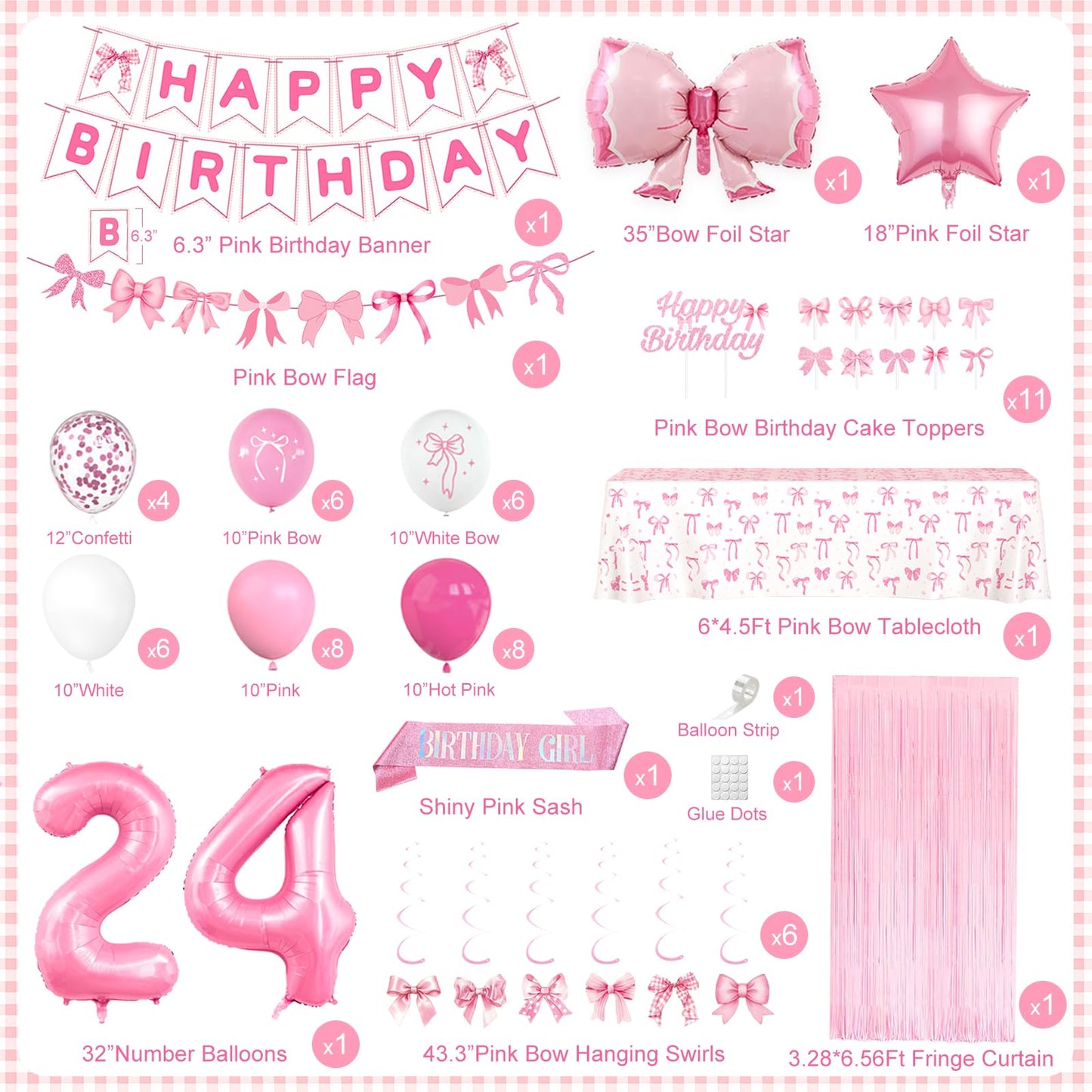 24th Pink Birthday Decorations for Women, Pink Bow Coquette Birthday
