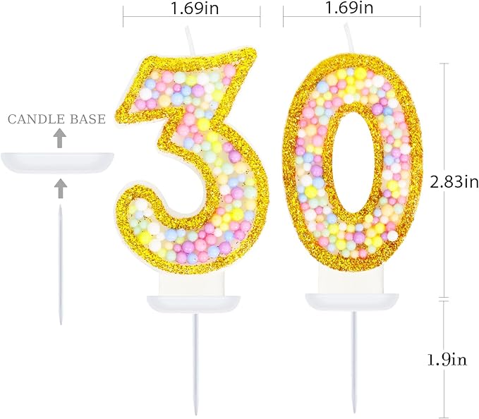 30th Birthday Candle for Cake, Colorful Macaron Numeral Candles for