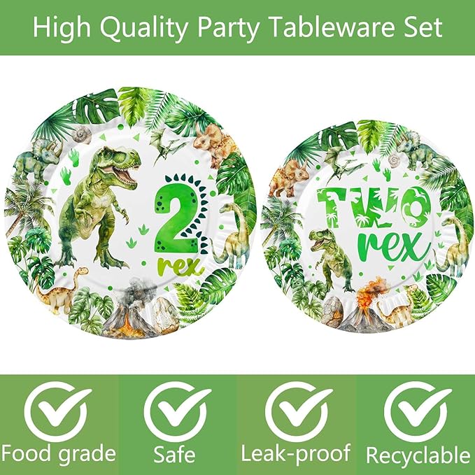 206 Pcs Dinosaur 2nd Birthday Party Supplies Green Dino Two Rex