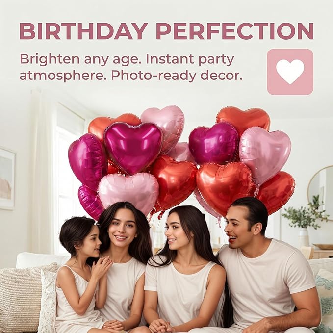18 Inch Rose & Pink & Red Heart Balloons 24 Pcs Valentine's Day Foil