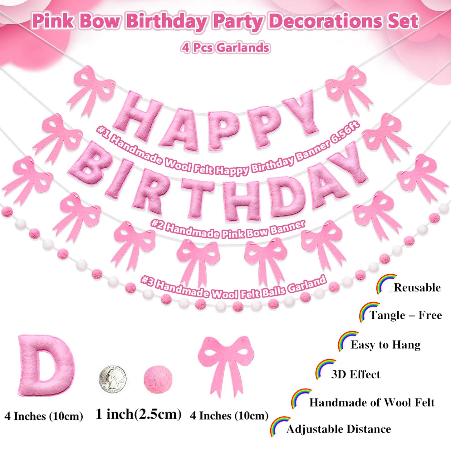 Pre-Strung Pink Bow Birthday Decorations, Reusable Coquette Party
