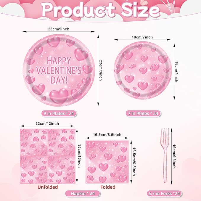 96 Pieces Valentine's Day Tableware Set Pink Heart Disposable Plates