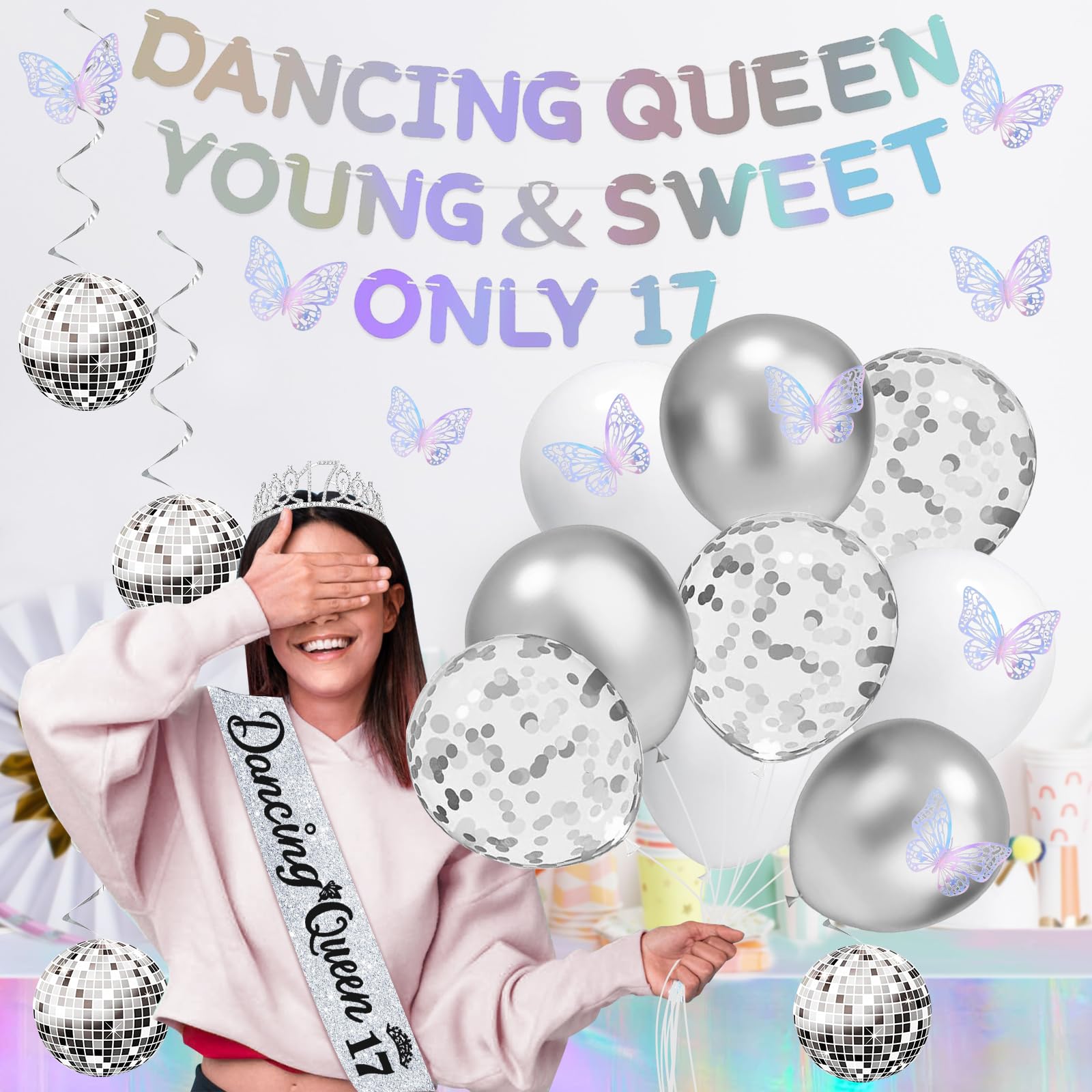 34pcs Dancing Queen Party Decorations 17,Dancing Queen Banner,Silver