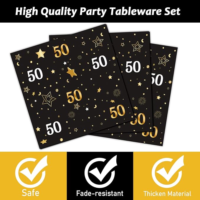 96 Pcs 50th Birthday Party Supplies Paper Plates Napkins Golden