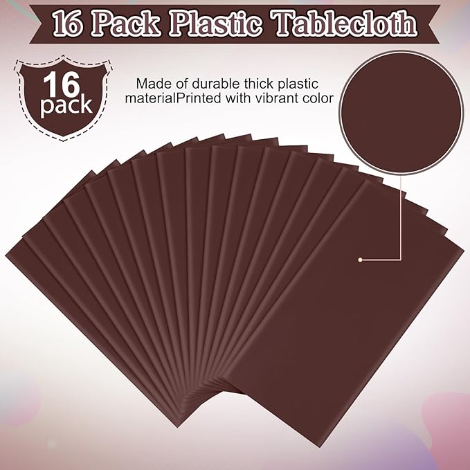 16 Pack Brown Plastic Tablecloth for Rectangle Tables, Premium