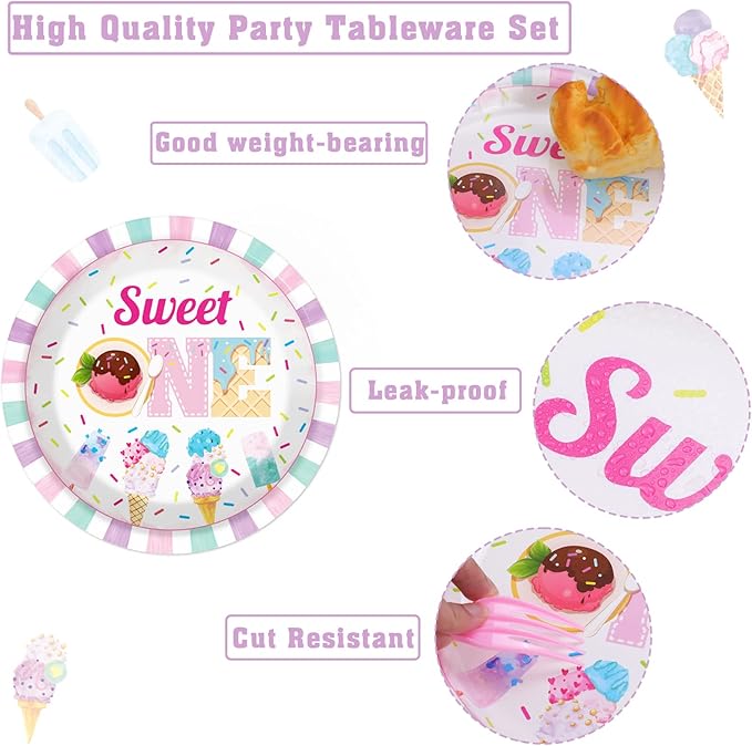 96Pcs Sweet One Ice Cream 1st Birthday Party Paper Plates and