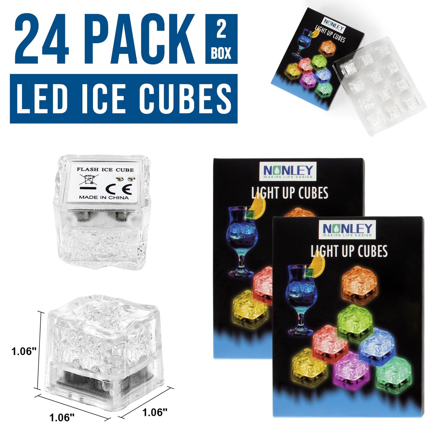 Light Up Led Ice Cubes - 24 Pack Multi Color Glow in the Dark,