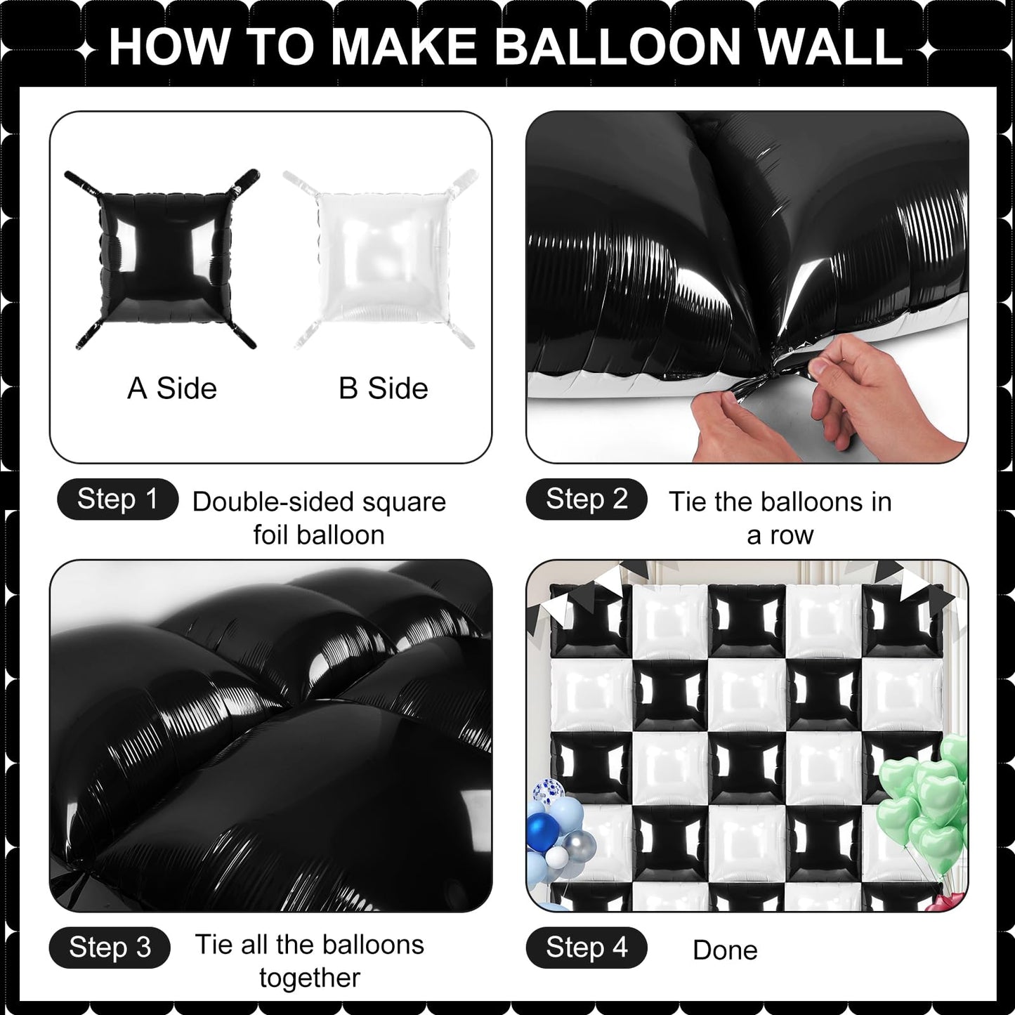 Black and White Square Foil Balloons 25 Pcs Metallic Black and White