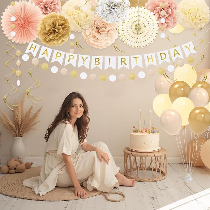 Champagne Gold Fall Boho Birthday Decorations for Women Girls Beige