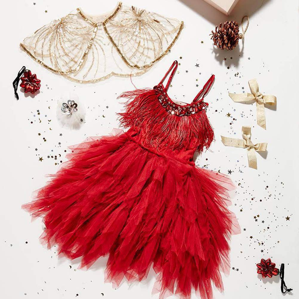 Kids Girls Spaghetti Strap Lace Feather Fringes Tutu Tulle Swan