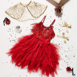 Kids Girls Spaghetti Strap Lace Feather Fringes Tutu Tulle Swan