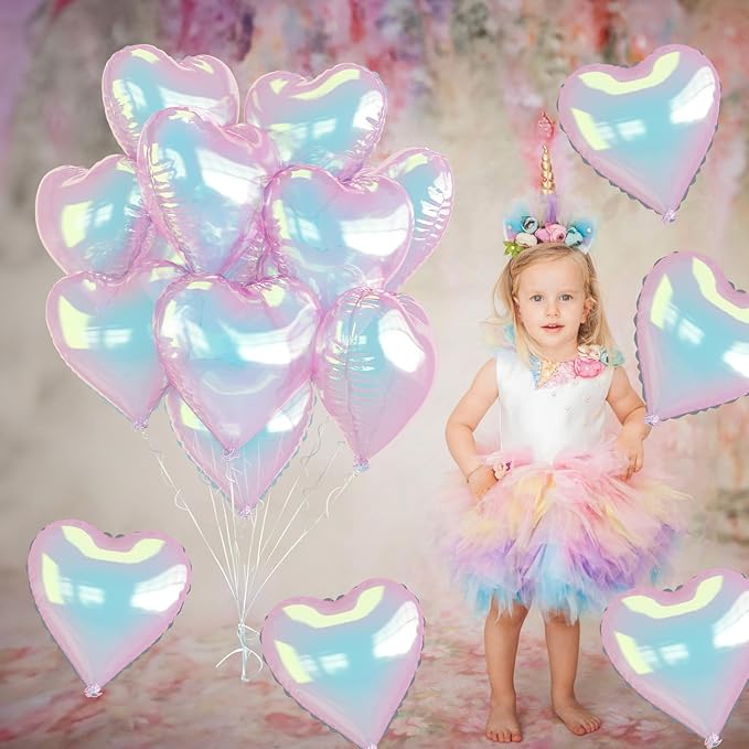 Iridescent Heart Balloons, 9PCS 18Inch Transparent Laser Heart Foil
