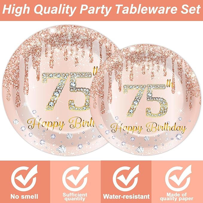 96 Pcs Rose Gold 75th Birthday Party Plates and Napkins for Girls