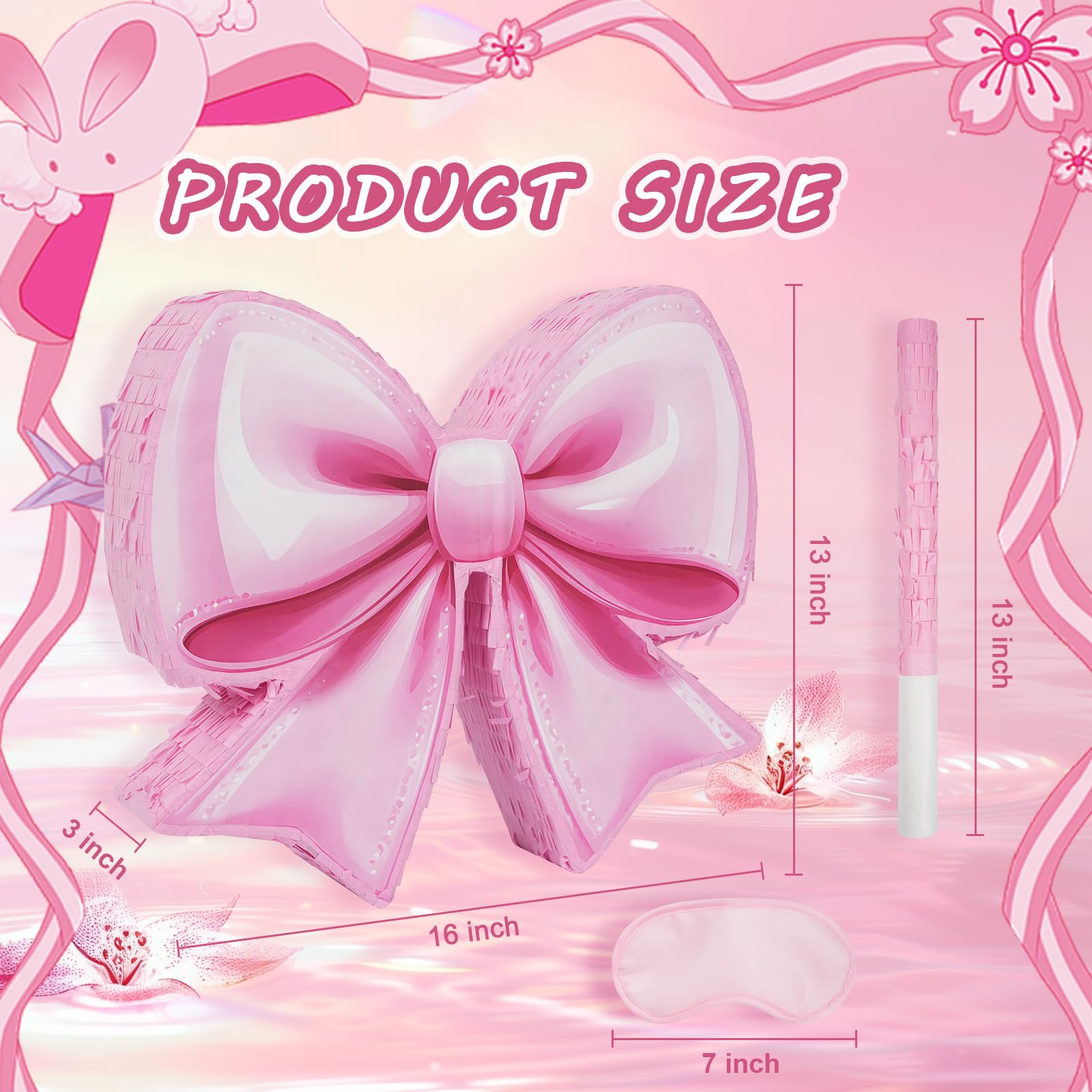Pink Bow Piñata - Watercolor Small Pink Bow Piñata with Blindfold and