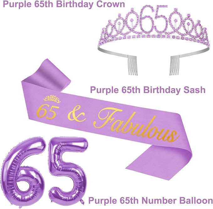 65th Birthday Decorations for Women Purple with 65th Birthday Sash