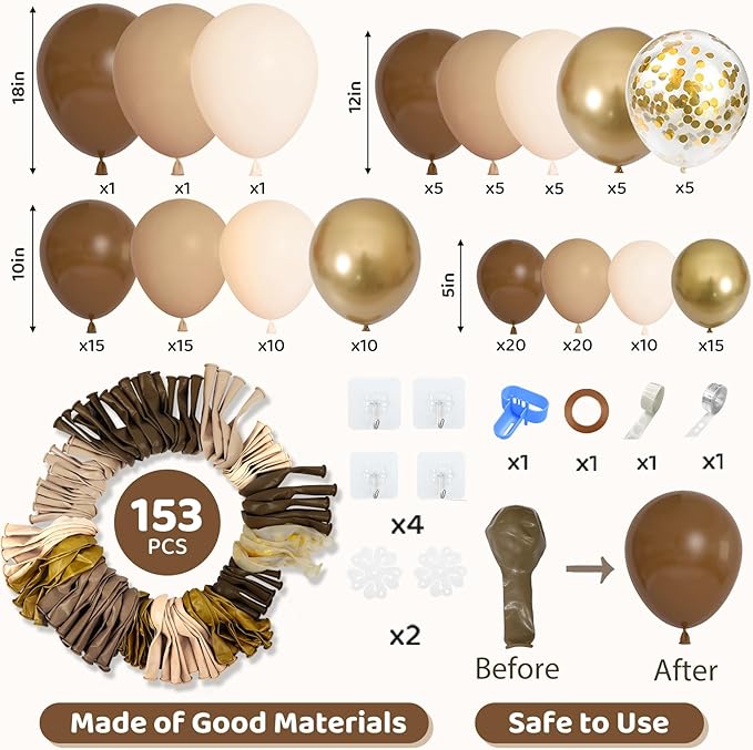 Amandir 153pcs Brown Balloon Garland Arch Kit, Different Sizes 18 12