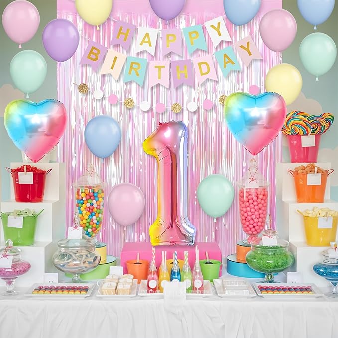 1st Birthday Decorations Rainbow Gradient Number 1 Balloon Pastel