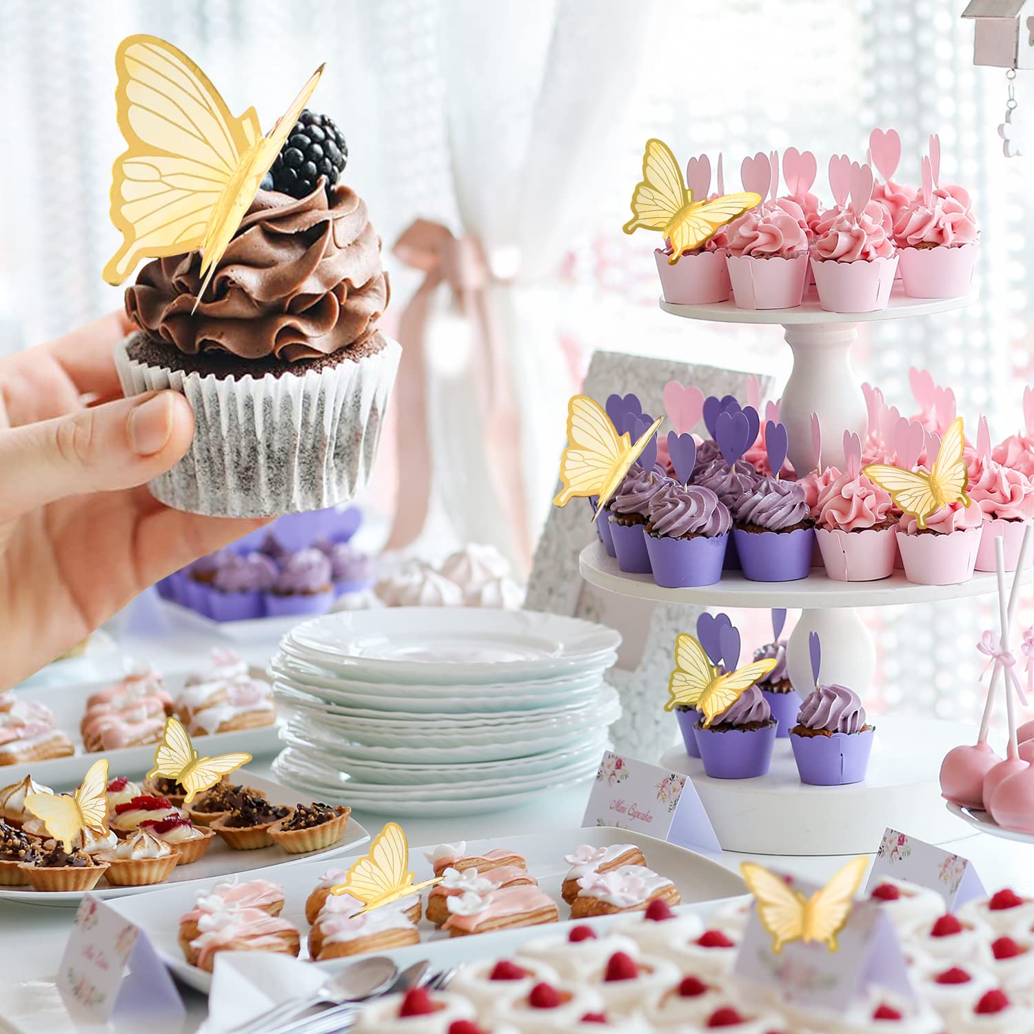 LANGPA 22-Pieces Butterfly Cake Decorations With Happy Birthday Beige