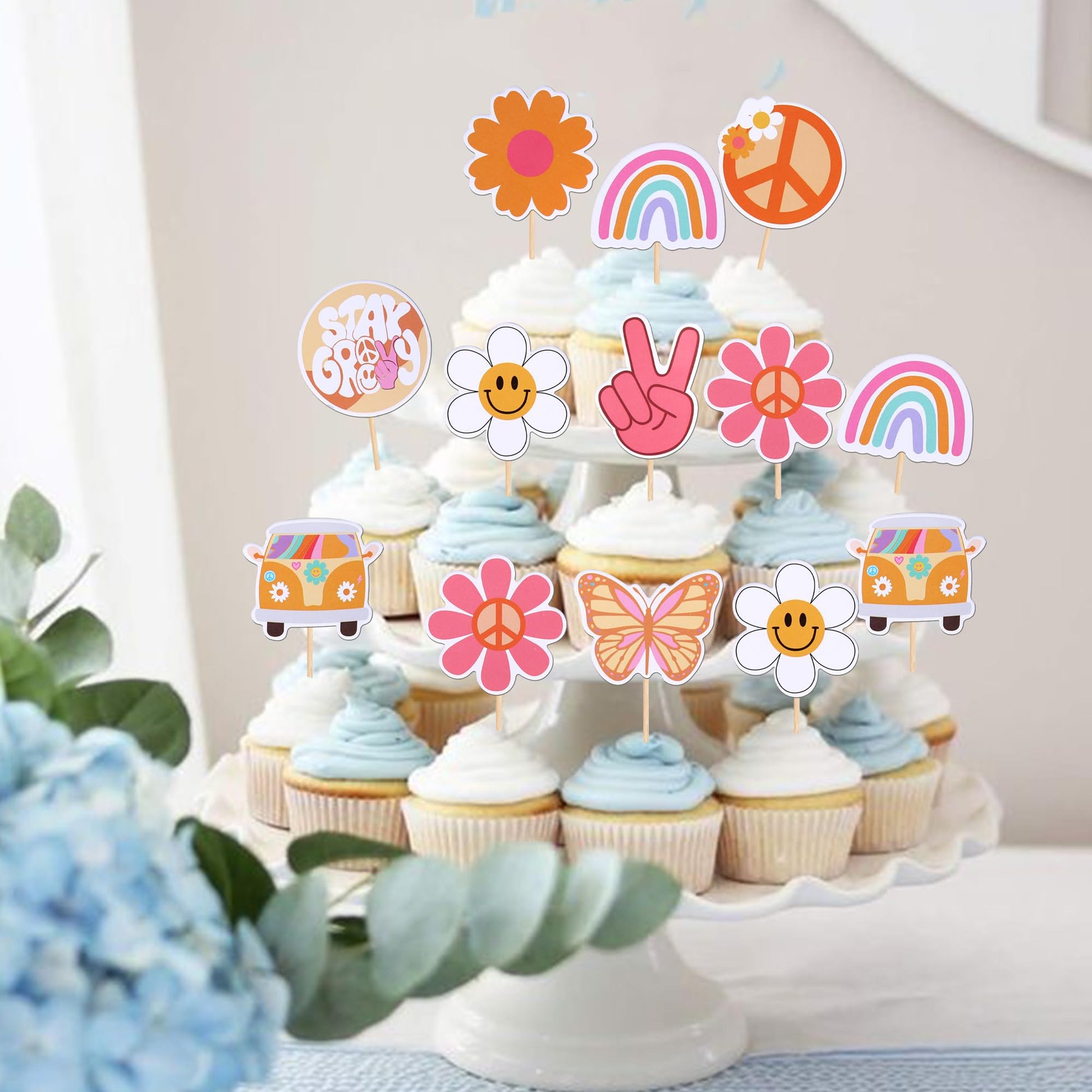 Rsstarxi 36 Pack Groovy Cupcake Toppers Hippie Party Cake Decorations