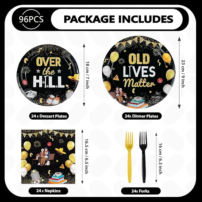 96Pcs Old Lives Matter Decoration Over The Hill Birthday Plates and