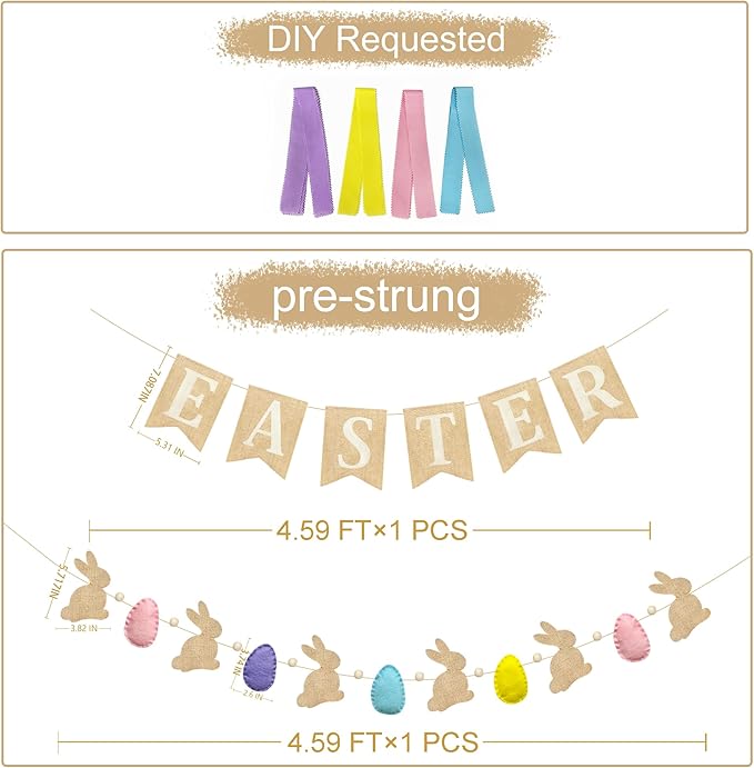 Easter Party Decorations Burlap Rabbit Bunny 3D Felt Egg with Wood