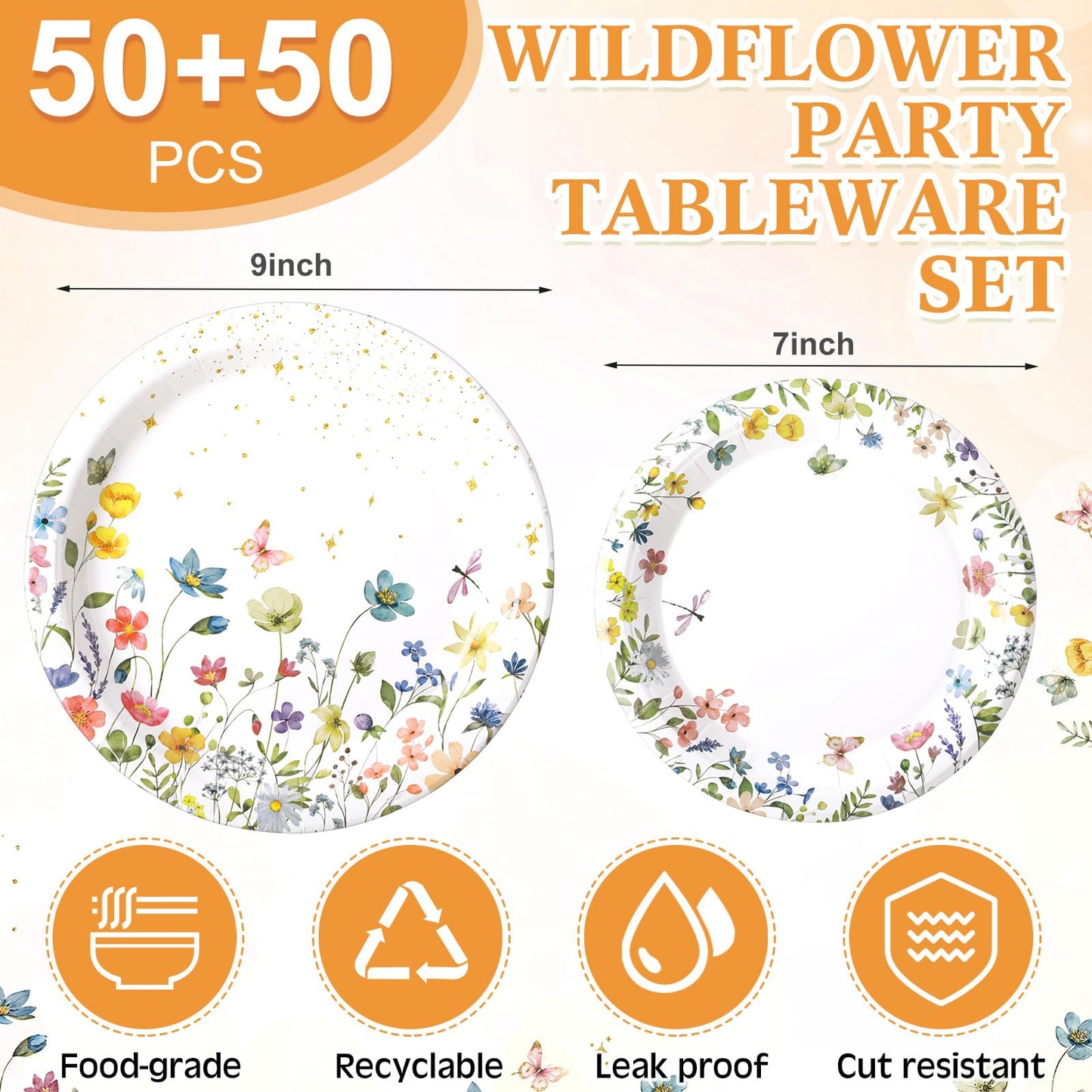 Mumufy 100 Pack Floral Paper Plates 9" & 7" Disposable Wildflower