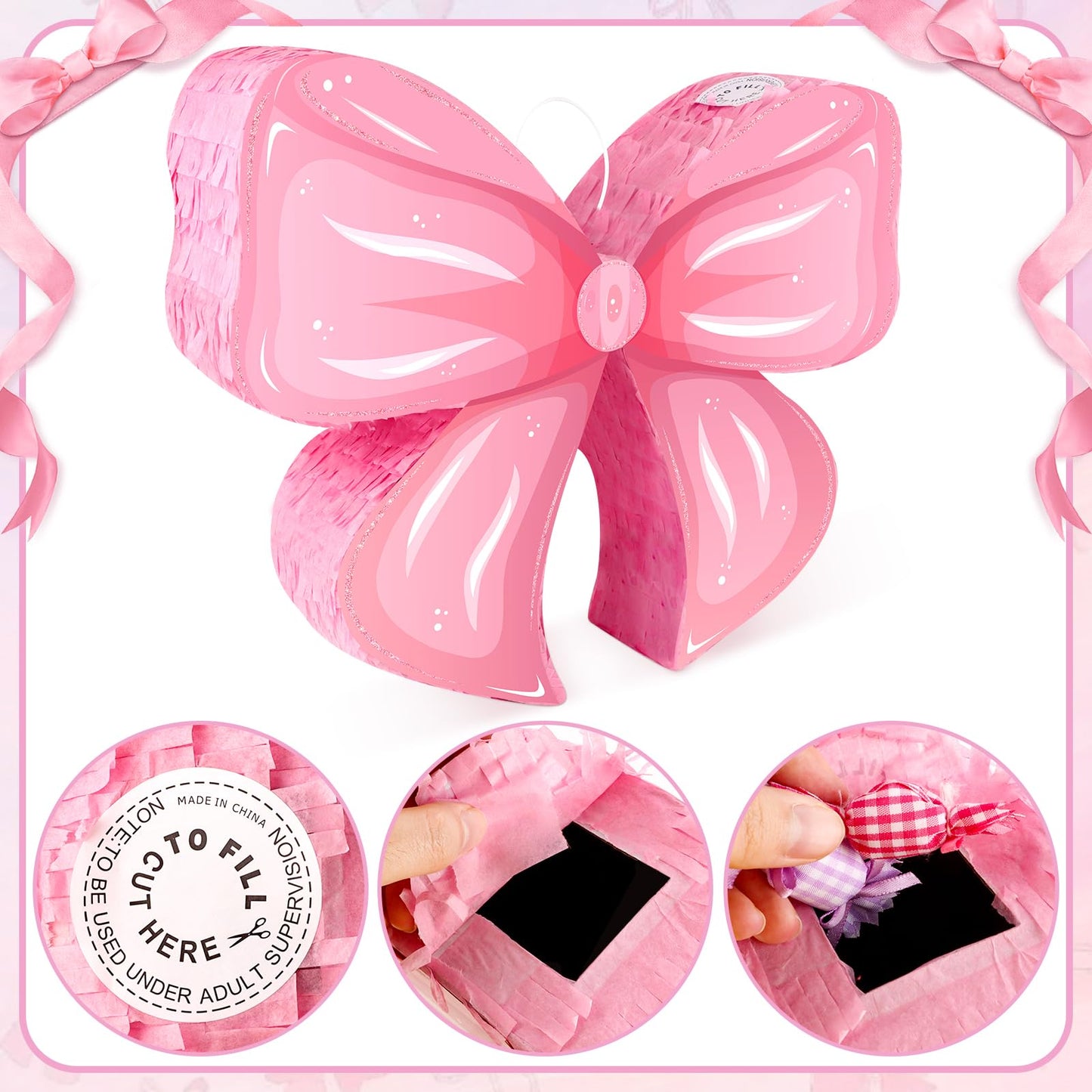 Hooqict Pink Bow Pinata with Blindfold and Bat Stick Pink Girls Pinata