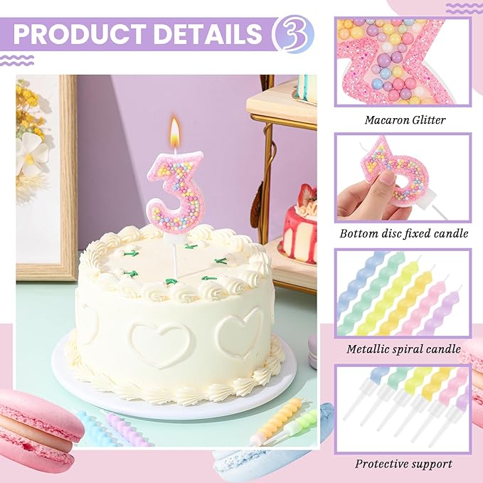 MTLEE Number 3 Birthday Candle with 12 Pcs Spiral Candles for Girls