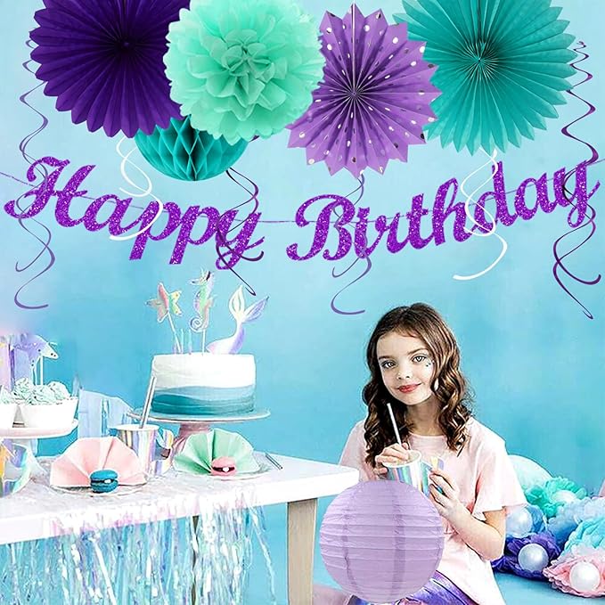 Teal purple Lavender Girl Mermaid birthday Party decorations 21pcs