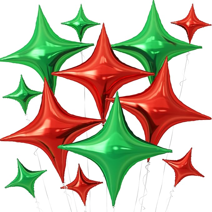 Red Green Christmas Balloons,12Pcs Four Angle Star Foil